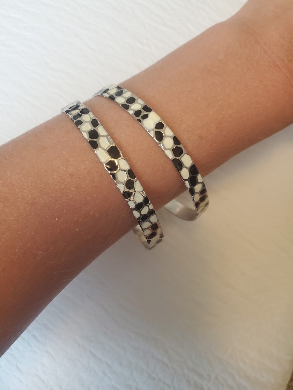 Black and White Enamel Honeycomb Cuff Bracelet - Set Of Two
